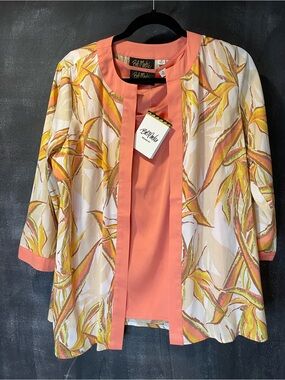Bob Mackie Coral Pink and Yellow Tropical Print Silk Jacket